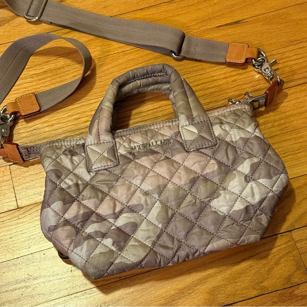 MZ Wallace Micro Sutton Quilted Camouflage Crossbody in Taupe and Beige